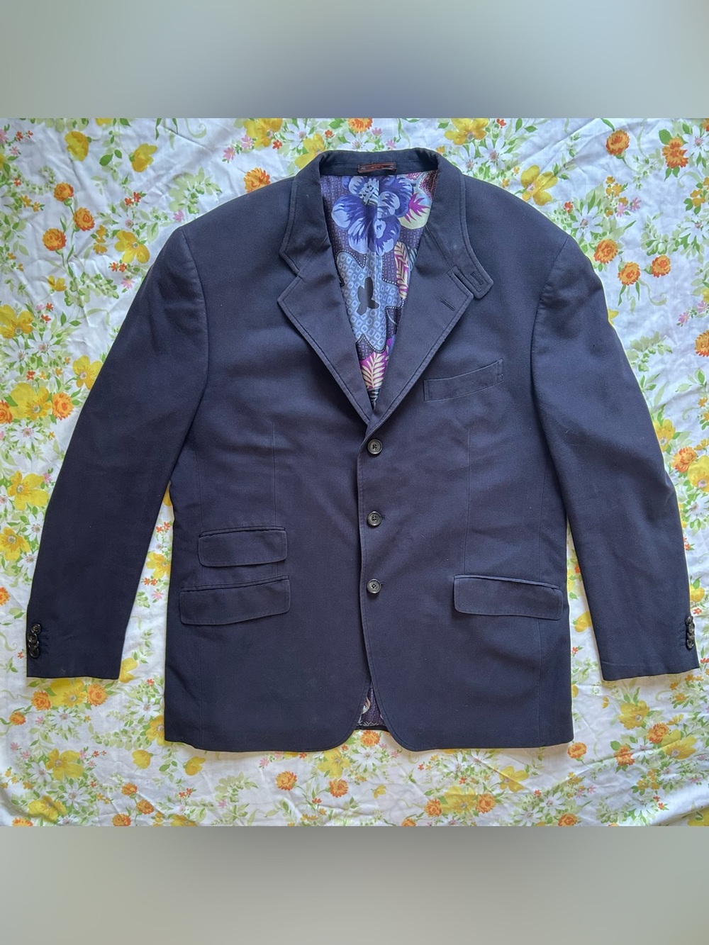 Etro Men's Navy Pea Coat with Patterned Lining - Picture 1 of 5